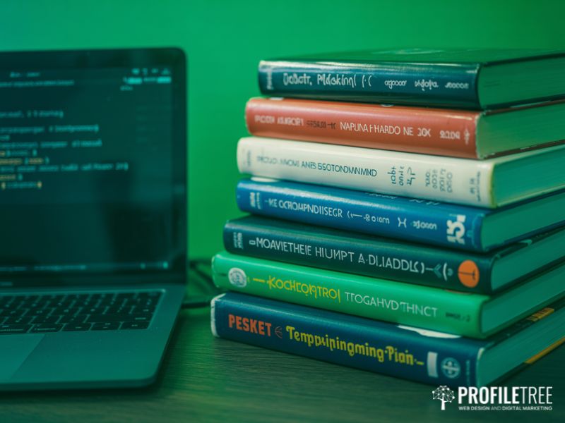 Programming reference books stacked beside a laptop representing the foundational knowledge of Java programming