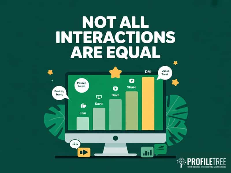 Social media interactions comparison chart showing the difference in business value between likes, comments, saves, shares and direct messages