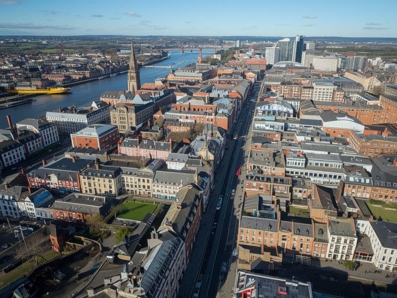 Aerial view of a cityscape with a river running alongside buildings, including a prominent church with a tall spire, modern structures in the distance, and vibrant skies—evoking the clarity brought by the latest Google RankBrain update.
