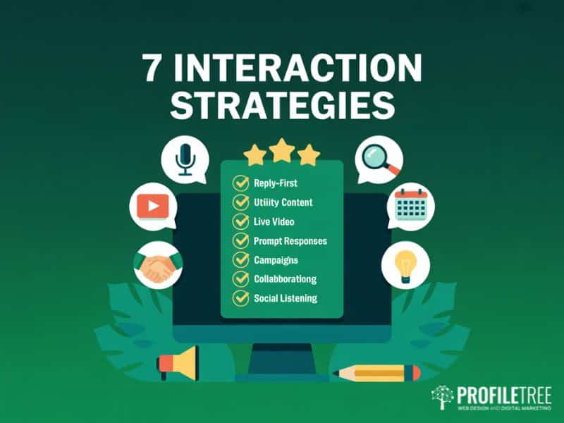 Seven strategies for improving social media interactions illustrated as a flat vector checklist for UK digital marketing teams