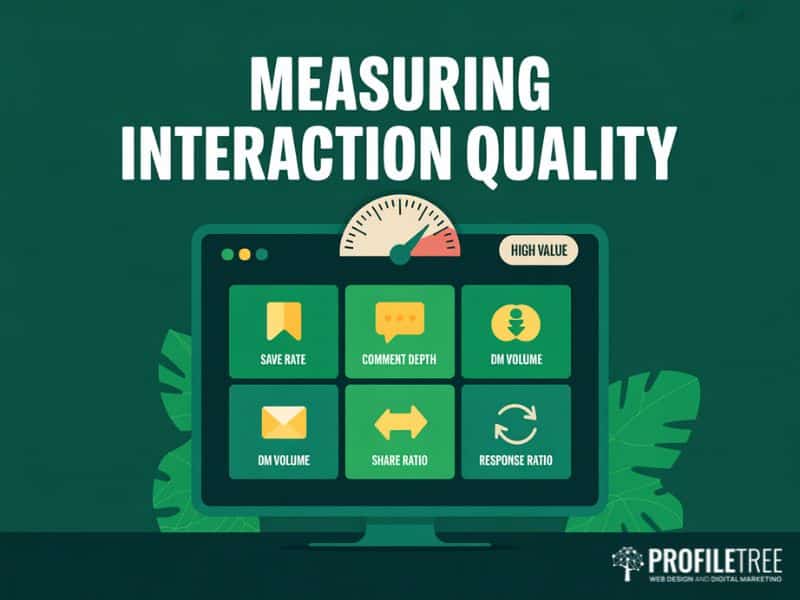 Social media interactions quality dashboard showing key metrics including save rate, DM volume and comment depth for UK businesses