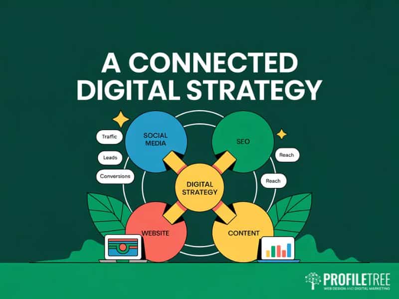 Social media interactions connected to website design, SEO and content marketing as part of a broader digital strategy for UK businesses