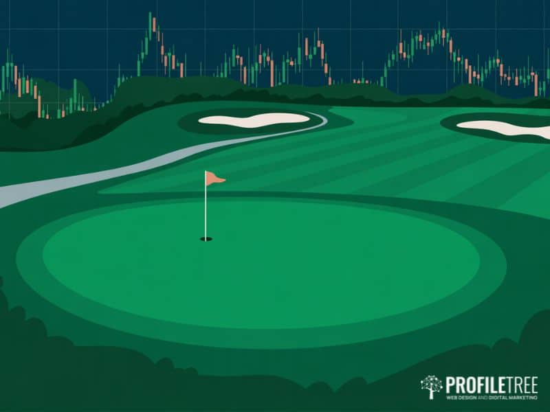 Golf business statistics 2025 showing aerial view of a golf course with financial growth indicators