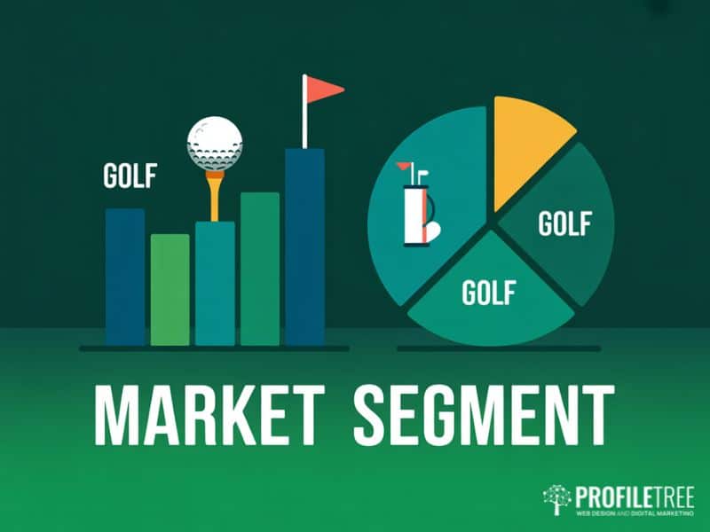 Golf business market size breakdown by segment illustrated with flat vector icons and charts