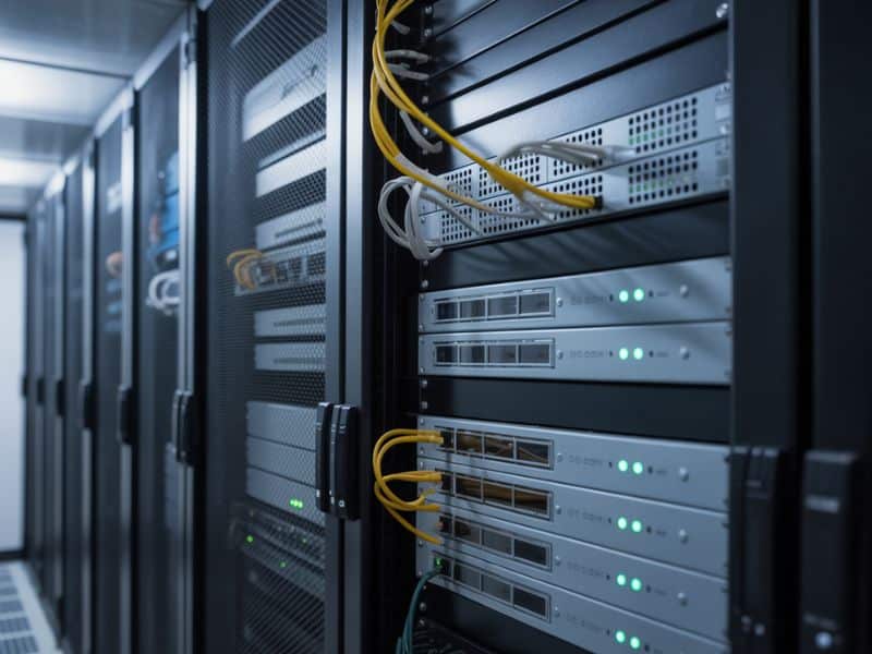 Server room with network equipment representing the technical trust signals and site security required after the Google Medic Update