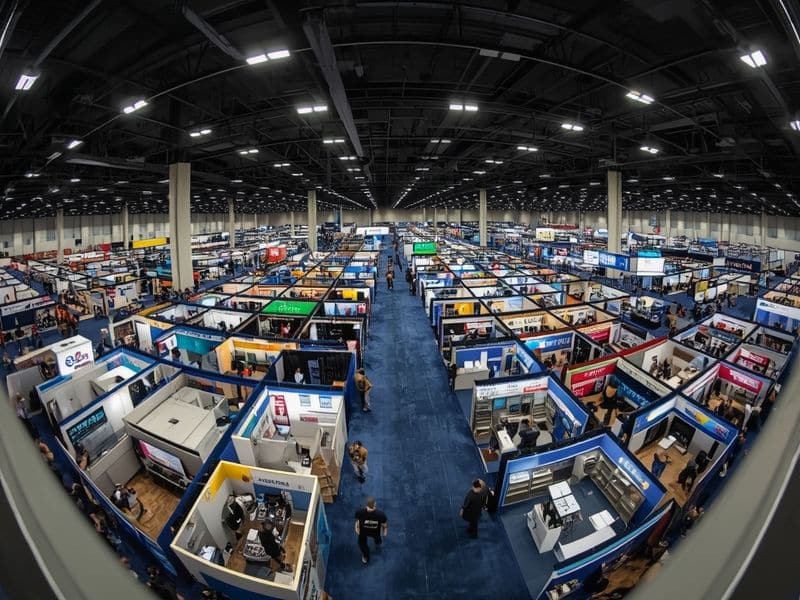 Event marketing statistics: a busy trade show exhibition hall with branded stands and professional lighting