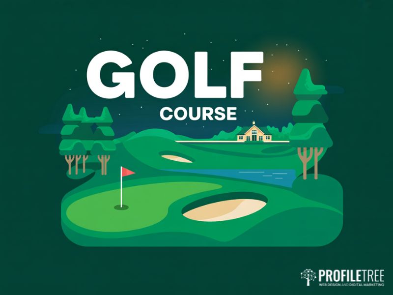 Golf business statistics 2025 showing a flat vector golf course with global market data, participation figures and growth trend chart
