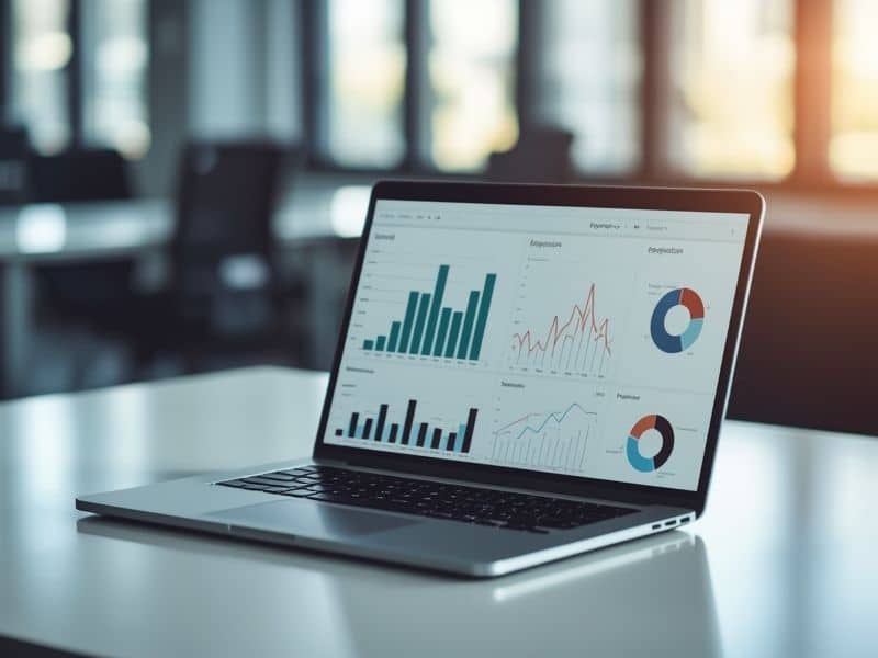 Data dashboard on a laptop screen showing event marketing statistics including ROI and performance metrics