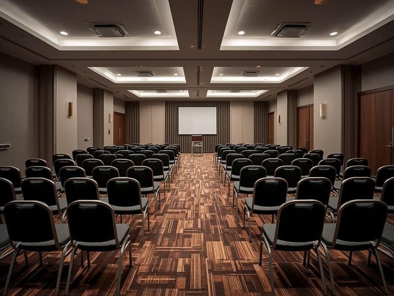 Empty conference room set up for a professional in-person event, illustrating event marketing statistics on in-person format effectiveness
