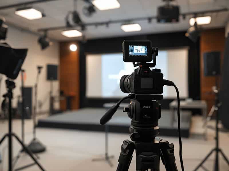 Professional video production equipment set up for a hybrid event, relevant to event marketing statistics on hybrid format growth