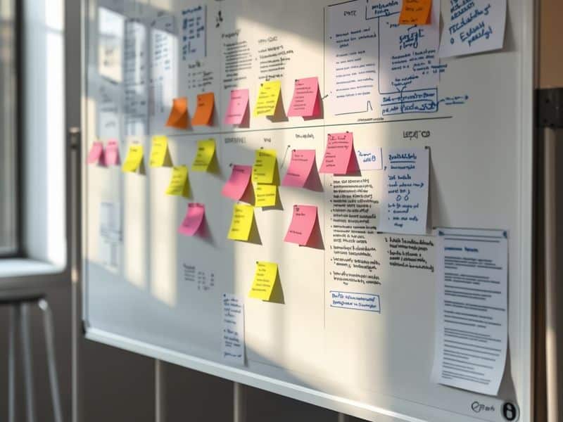 Office strategy planning board with sticky notes and charts, representing how businesses apply event marketing statistics to campaign planning