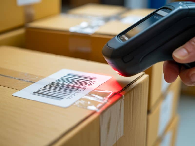 Barcode scanner reading a product label on a cardboard box as part of an accurate inventory management tracking process