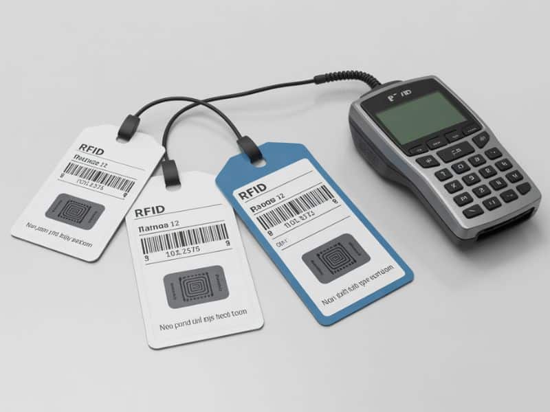 RFID tags and handheld reader used for real-time inventory management tracking in modern warehouse operations