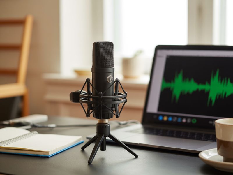 A USB microphone and laptop setup on a home office desk to start a podcast for business