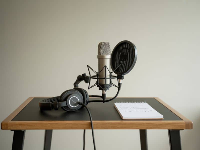 A recording desk with microphone, headphones, and planning notes for businesses ready to start a podcast