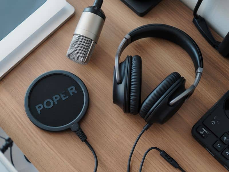 USB microphone and headphones flat lay showing the basic equipment needed to start a podcast
