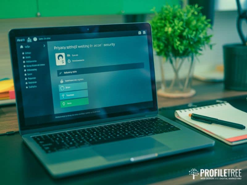 Laptop open to account security settings as part of a social media identity protection audit