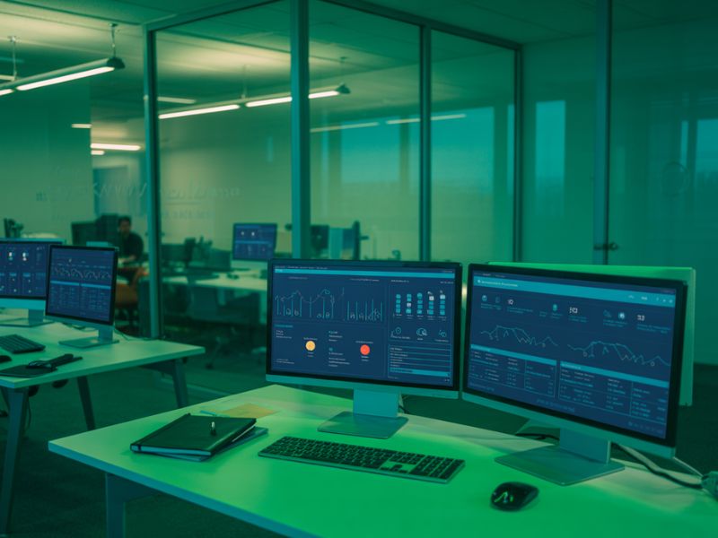 Online marketing agency open-plan office with analytics dashboards on multiple screens