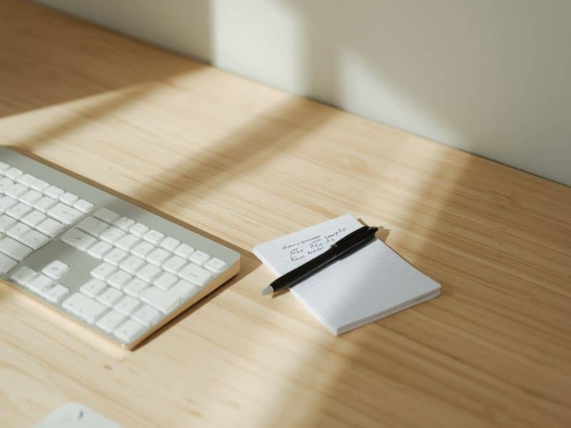 Desk with keyboard and handwritten notes representing long-form blog content and Content Marketing ROI Statistics by format