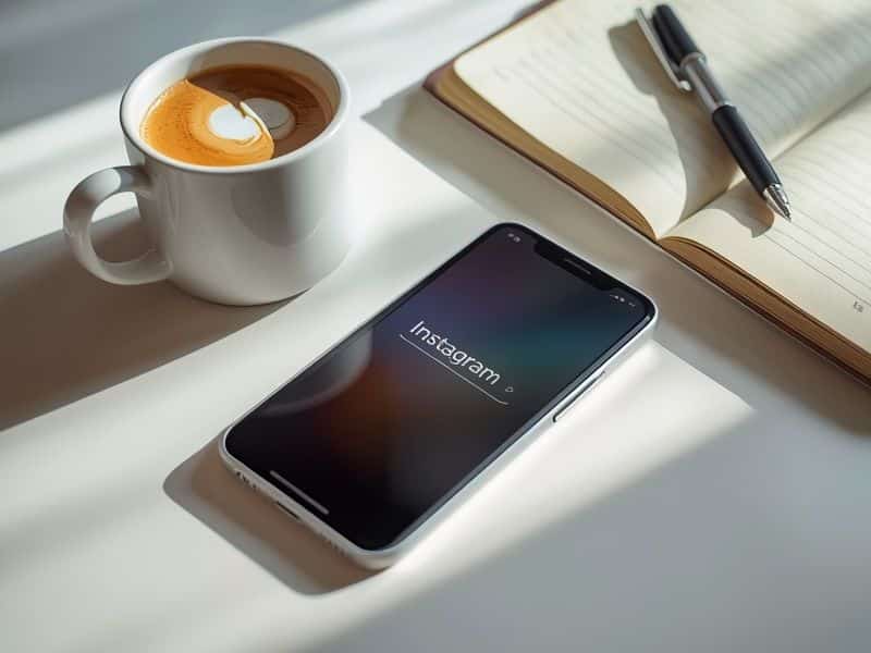 Instagram updates search bar displayed on a smartphone screen on a white desk with coffee and notebook