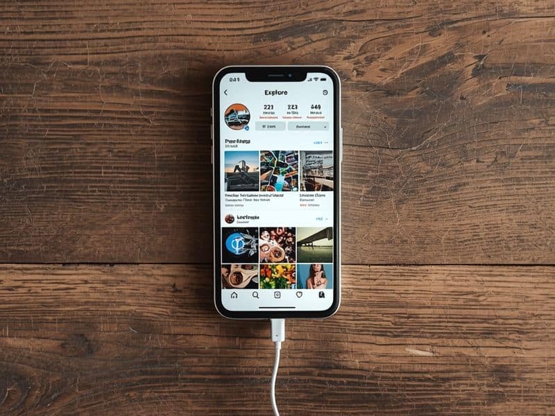 Instagram updates keyword search results visible on the Explore page of a smartphone on a wooden surface