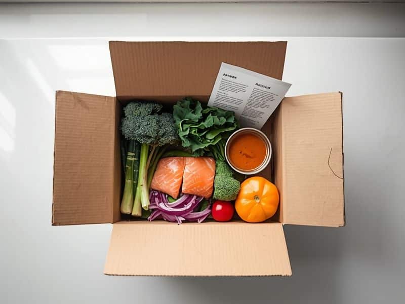 Meal kit market delivery box opened to reveal fresh pre-portioned ingredients and recipe card on a kitchen counter