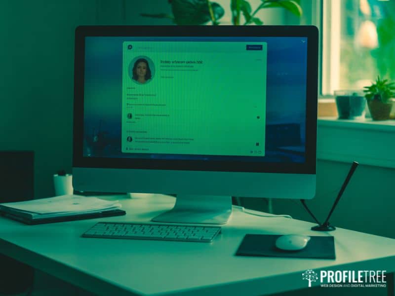 Desktop monitor showing a professional profile page relevant to protecting your social media identity on LinkedIn