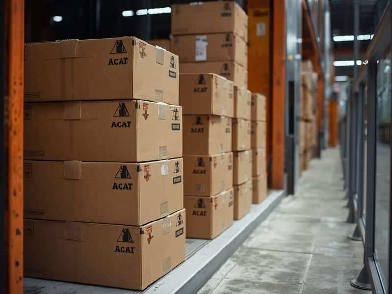Stacked meal kit market delivery boxes lined up in a warehouse corridor ready for dispatch