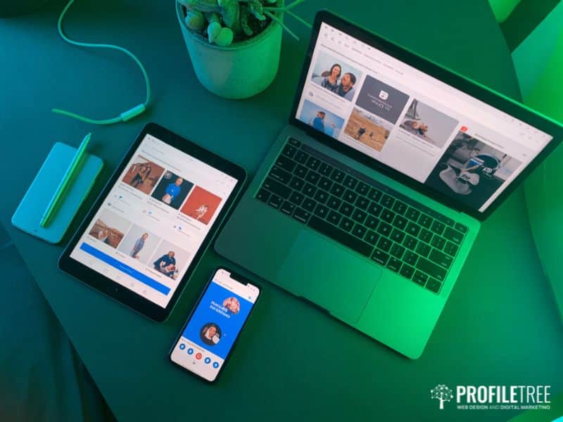 Social media training across multiple devices showing different platforms on a smartphone tablet and laptop