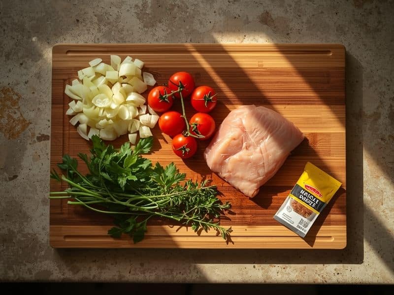 Pre-portioned meal kit market ingredients laid out on a wooden chopping board ready for cooking