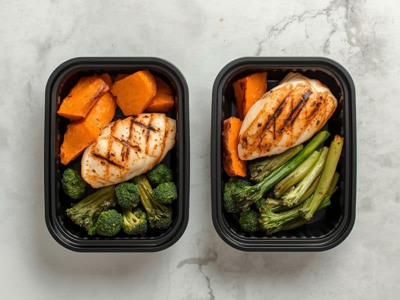 Ready-to-eat meal kit market containers with portioned cooked chicken and vegetables on a marble surface
