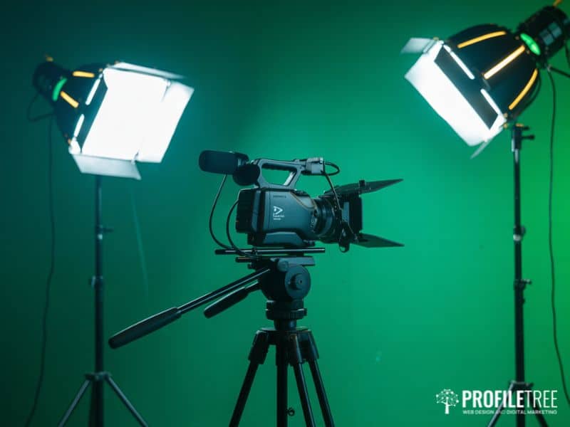 Professional video production setup in a studio environment supporting video-enhanced email marketing statistics engagement