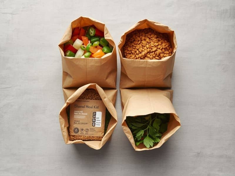 Assorted meal kit market ingredient categories displayed in kraft bags showing dietary variety and segmentation