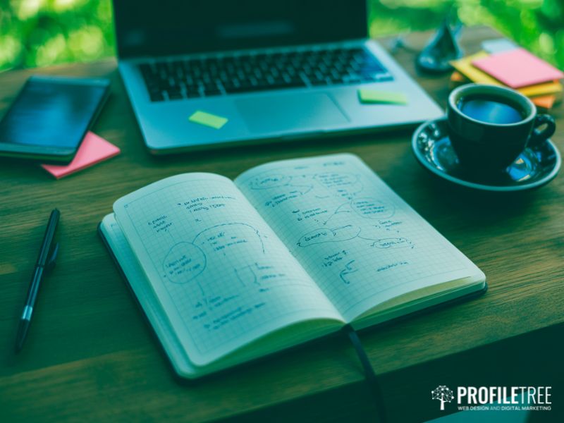 Hand-drawn mind map in a notebook on a desk representing free mind mapping software planning techniques