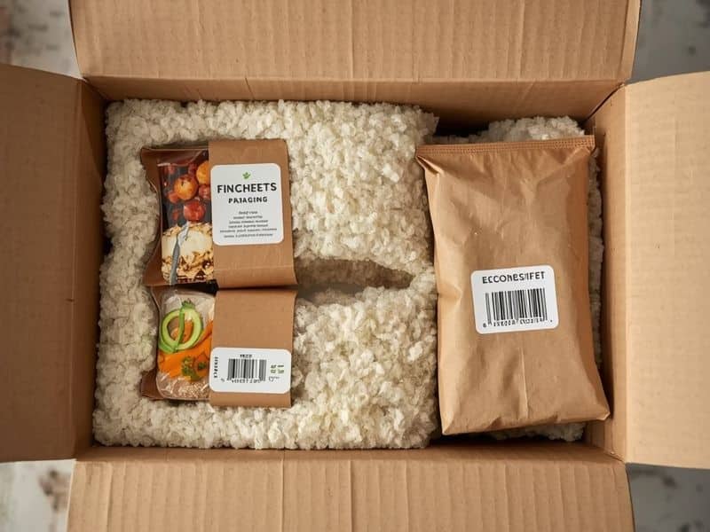 Eco-friendly meal kit market packaging interior showing paper insulation and recyclable ingredient wrapping