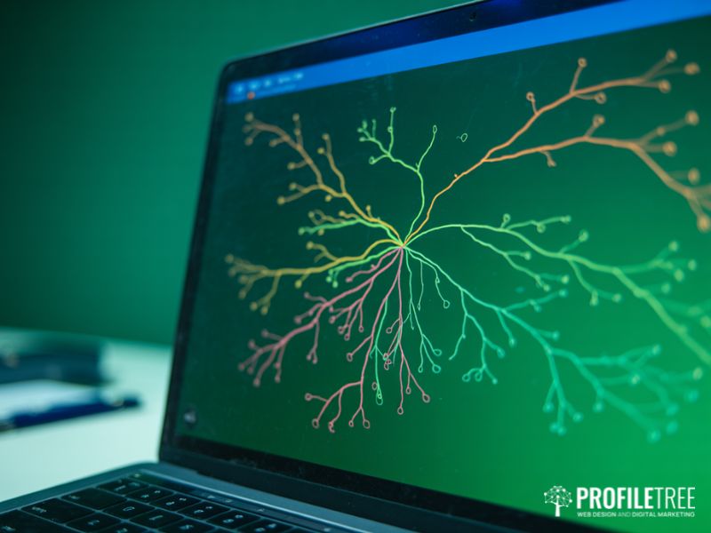 Laptop screen showing a branching diagram, the kind of visual output produced by free mind mapping software tools like Coggle