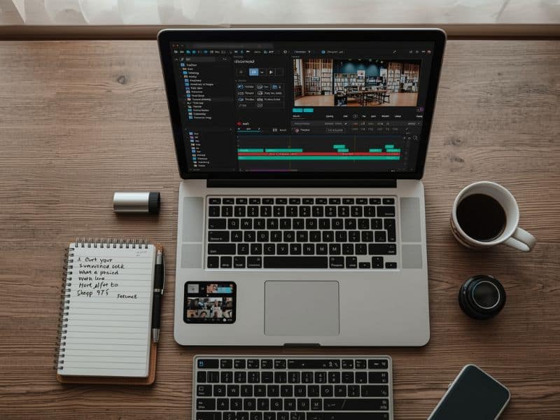 Guide to video marketing desk setup showing a laptop with video editing software open alongside a notebook and camera lens