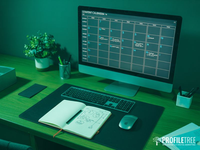 Monitor showing a content calendar next to a notebook diagram, illustrating how free mind mapping software supports editorial planning