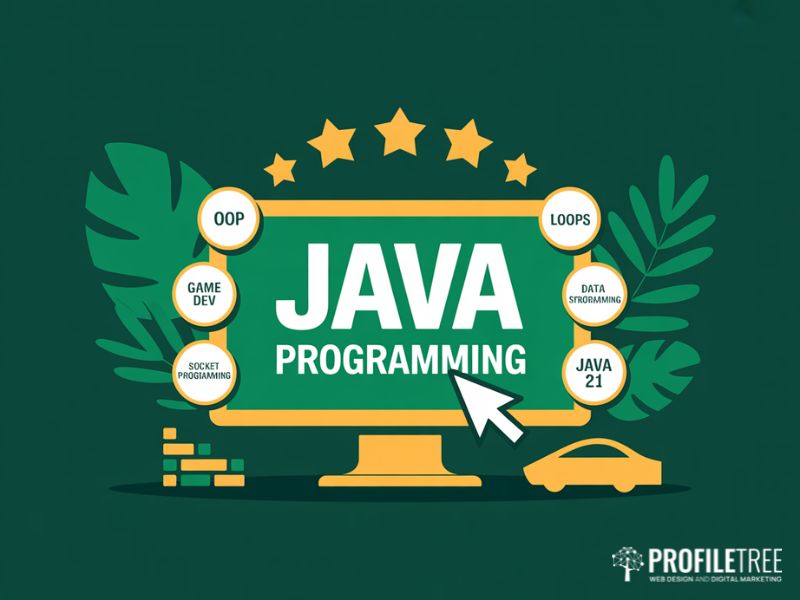 Hero illustration representing Java programming concepts including OOP, game development, data structures, and modern Java features on a deep green background