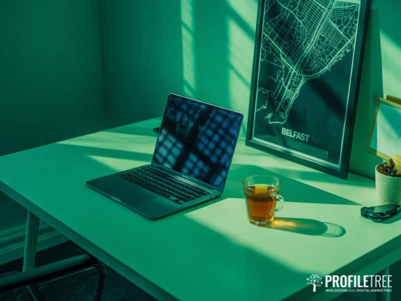 A minimal office desk with an open laptop and Belfast city map on the wall, representing a UK business approach to choosing keyword research tools