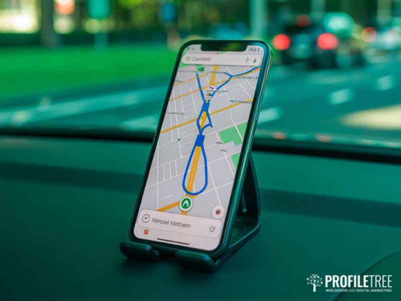 What is Google Maps shown on a smartphone mounted on a car dashboard with a live navigation route