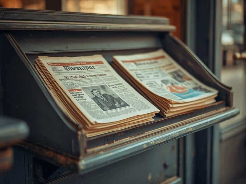 Vintage newspaper rack representing historical brand lessons for marketing in recession strategy