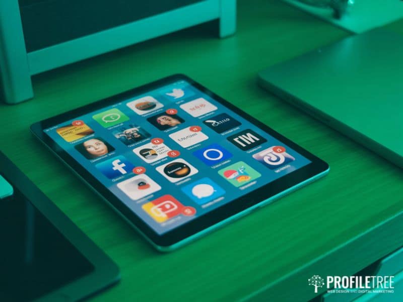 Social media and stress statistics — app notification badges on a tablet screen