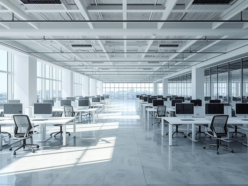 Empty open-plan office environment representing team management challenges during marketing in recession