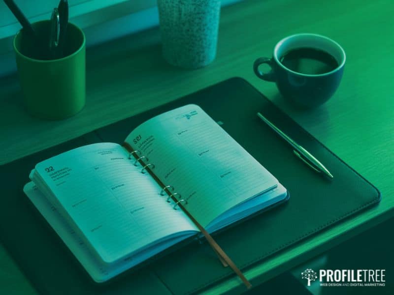 Social media and stress management — content planner and pen on a desk