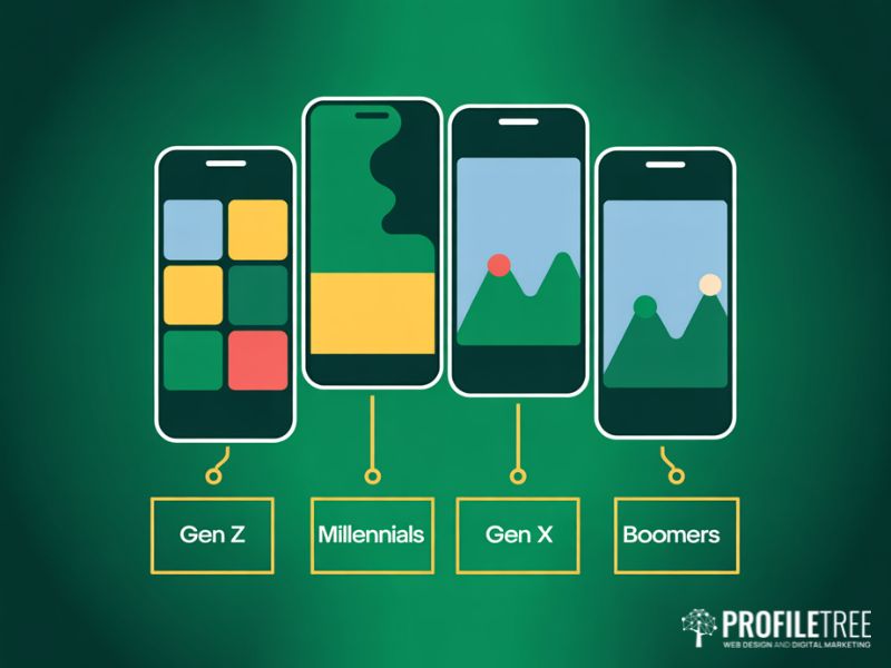 Flat vector illustration showing how social media popularity varies across four generational age groups and their preferred platforms