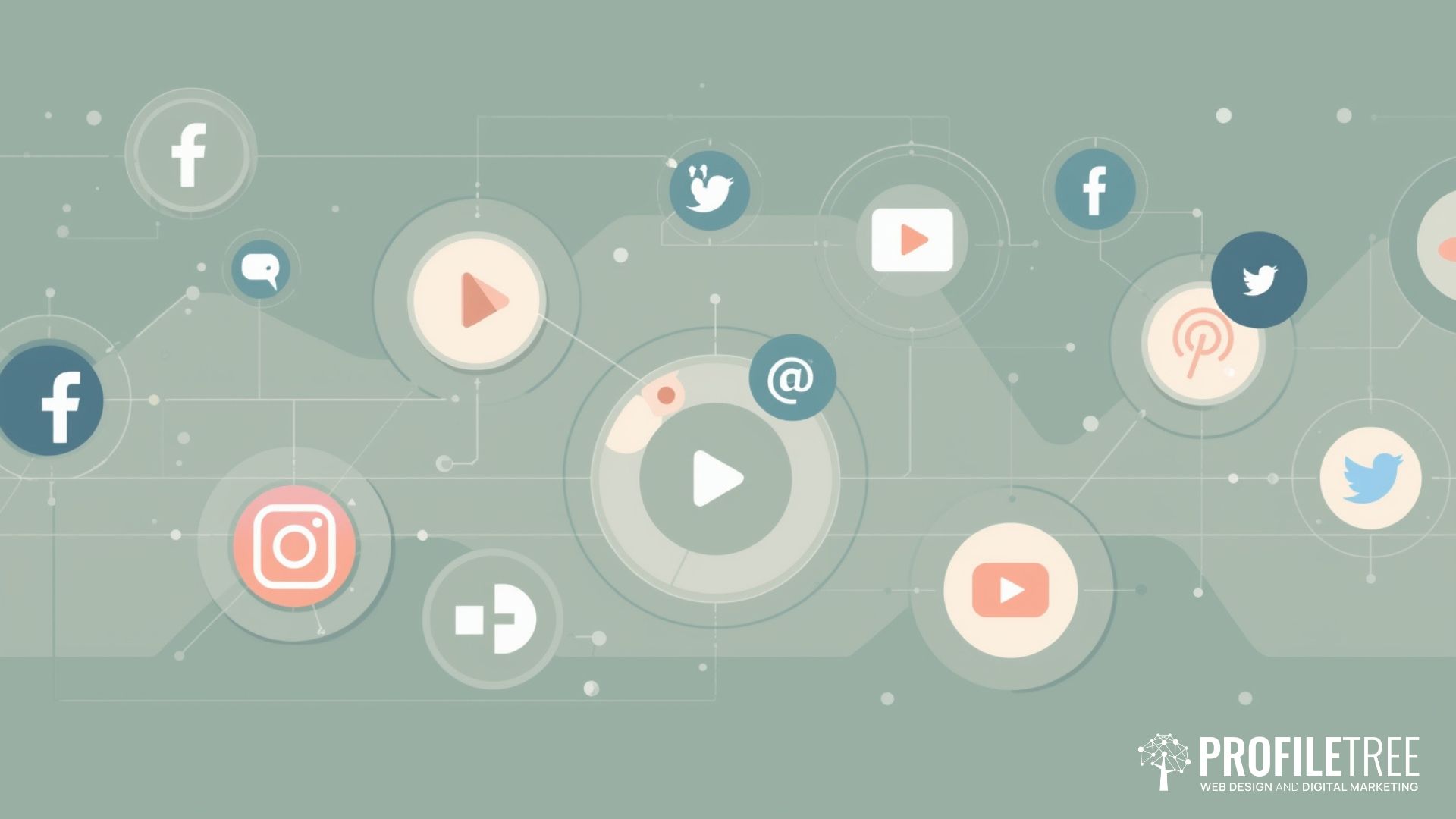 Abstract illustration of various social media platforms, including Facebook, Twitter, Instagram, YouTube, and Pinterest, connected by lines on a muted green background. ProfileTree Web Design and Digital Marketing is in the corner.