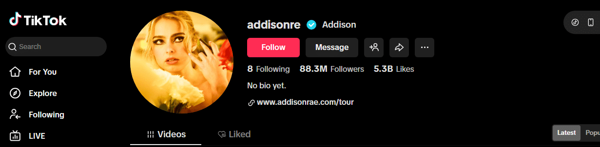 Screenshot of TikTok profile for addisonre with a verified badge, showing 88.3M followers—making her one of TikTok's most followed creators—5.3B likes, 8 following, and a profile photo of a woman with blonde hair and flowers.