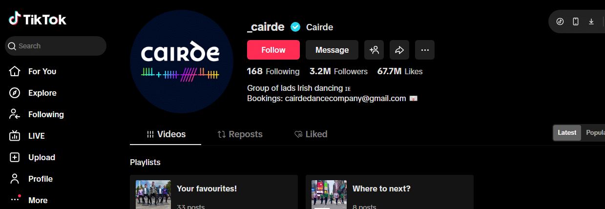 Screenshot of Cairde’s TikTok profile, showcasing their blue logo, 3.2M followers—among the most followers on TikTok—67.7M likes, and a bio: Group of lads Irish dancing. Their booking email is also featured.
