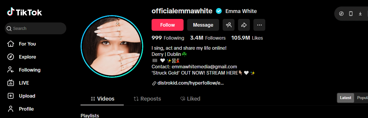 Screenshot of a TikTok profile for officialemmawhite, one of TikTok's most followed creators. The profile picture shows a woman covering part of her face. She has 3.4M followers, 105.9M likes, and a bio with music links and contact info.